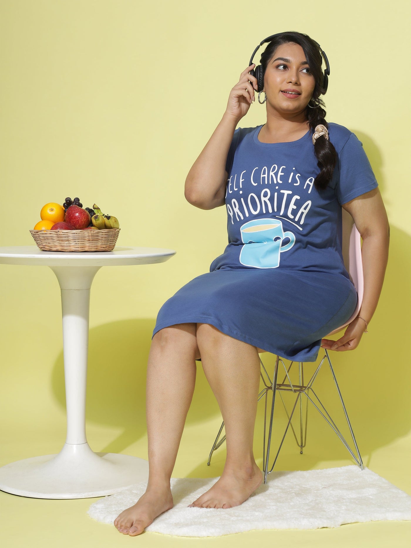 Hosiery Cotton Short Nighty Plus Size French Blue