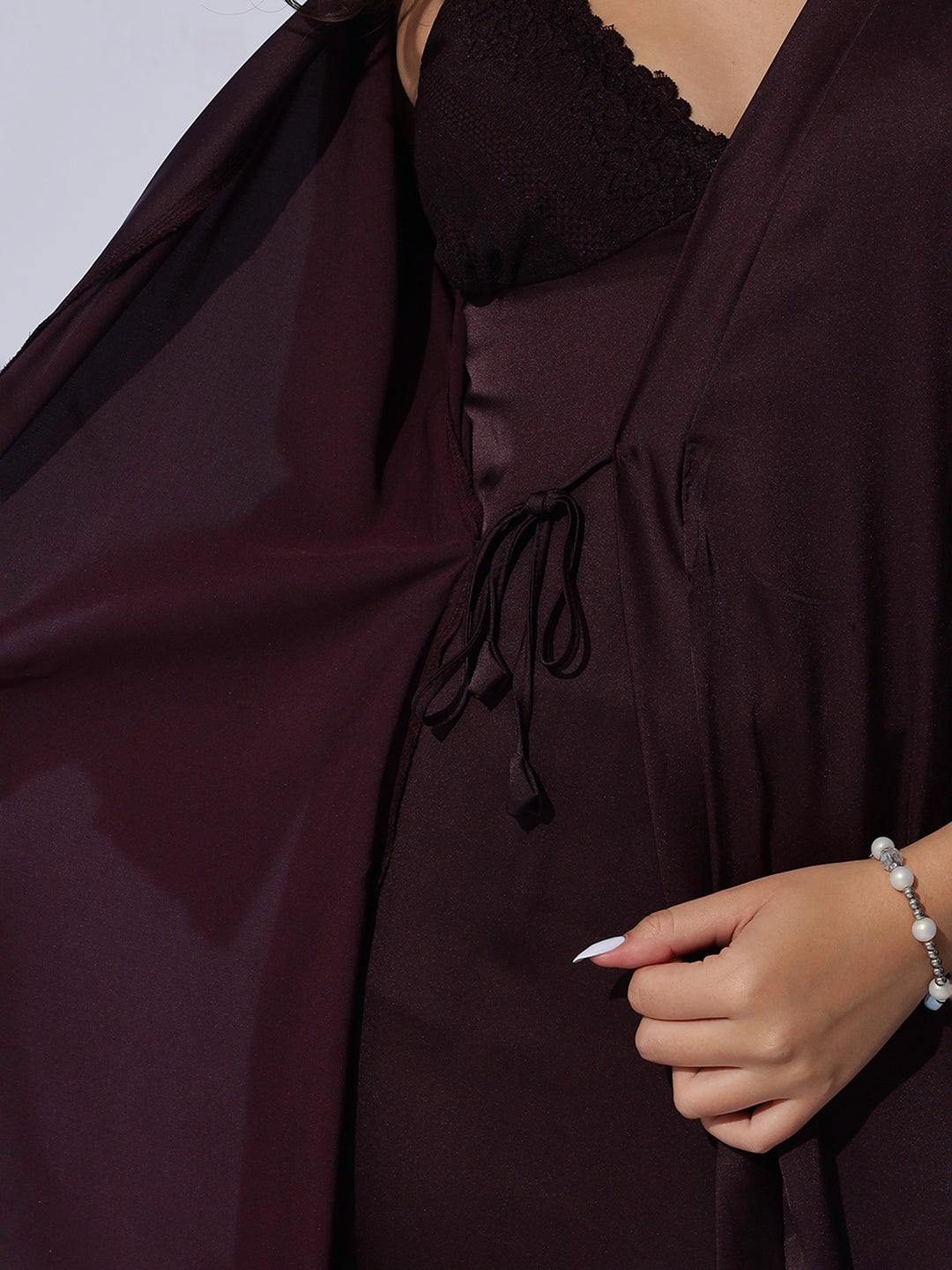 Romantic Wine Satin Long Robe and Night Gown Set for Women