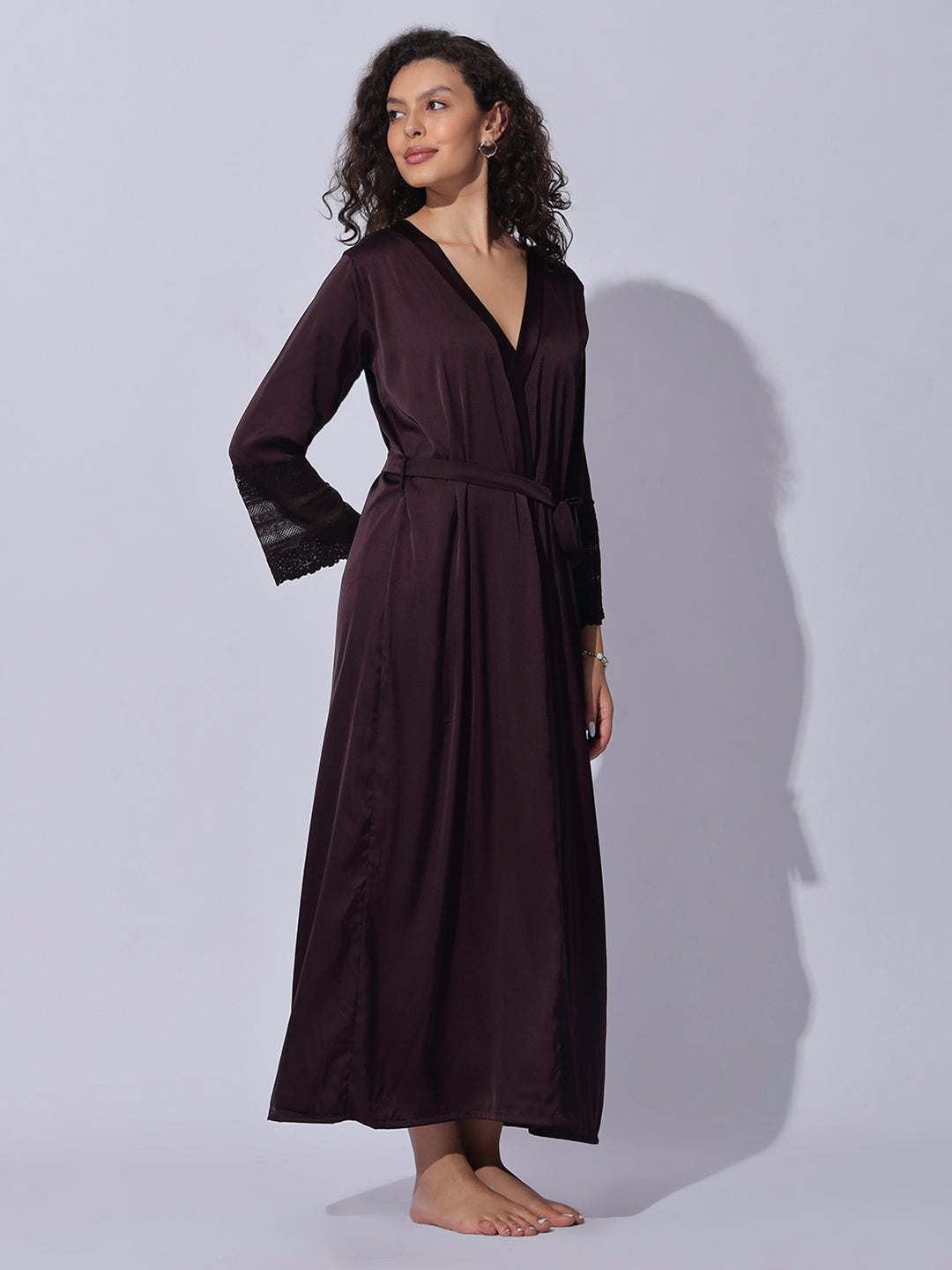 Romantic Wine Satin Long Robe and Night Gown Set for Women