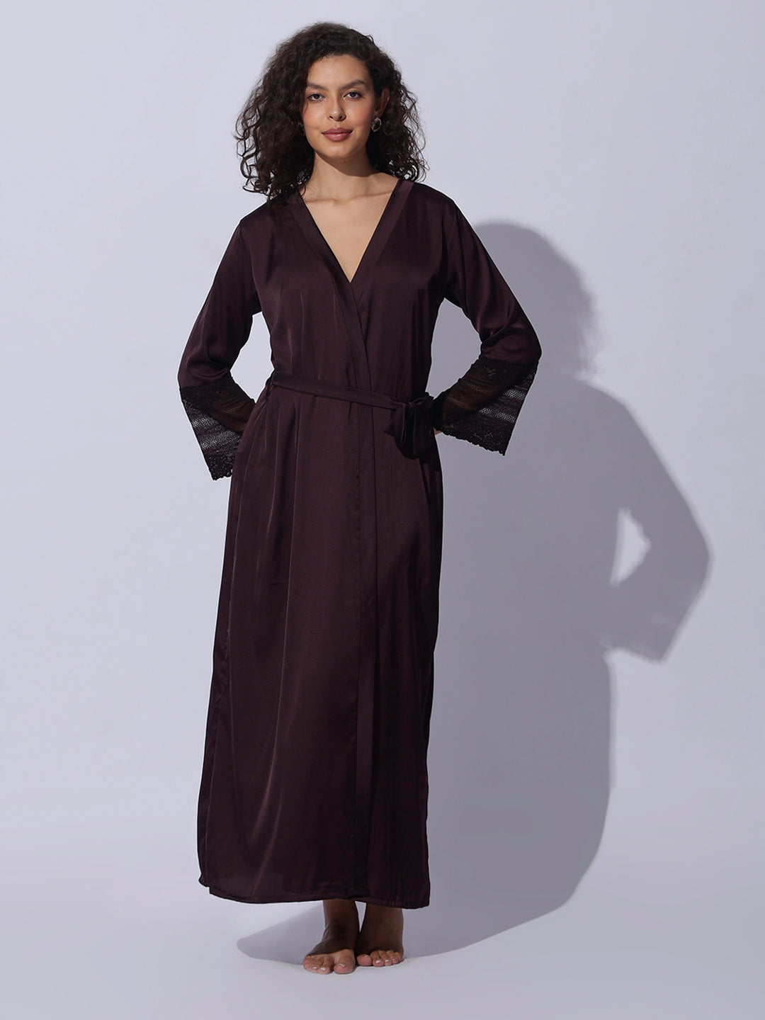 Romantic Wine Satin Long Robe and Night Gown Set for Women