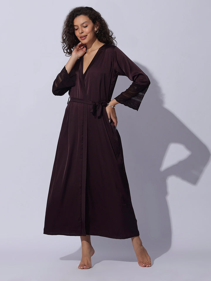 Romantic Wine Satin Long Robe and Night Gown Set for Women