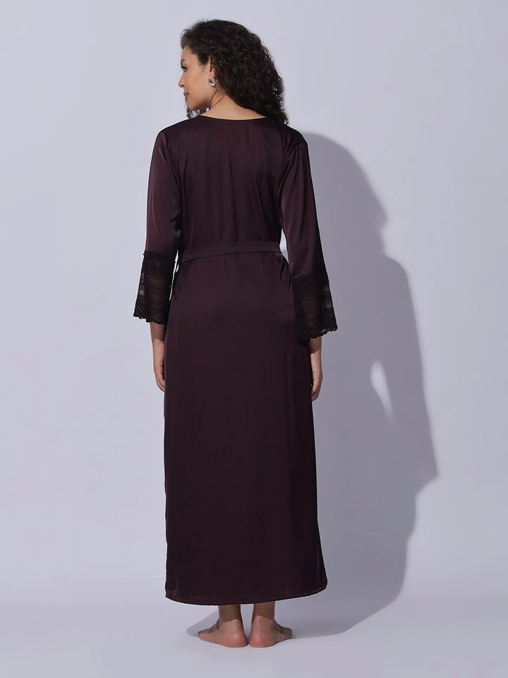 Romantic Wine Satin Long Robe and Night Gown Set for Women