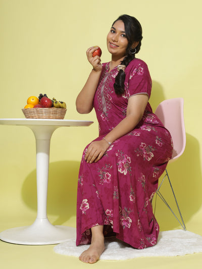 Viscose Designer Nighty Maroon