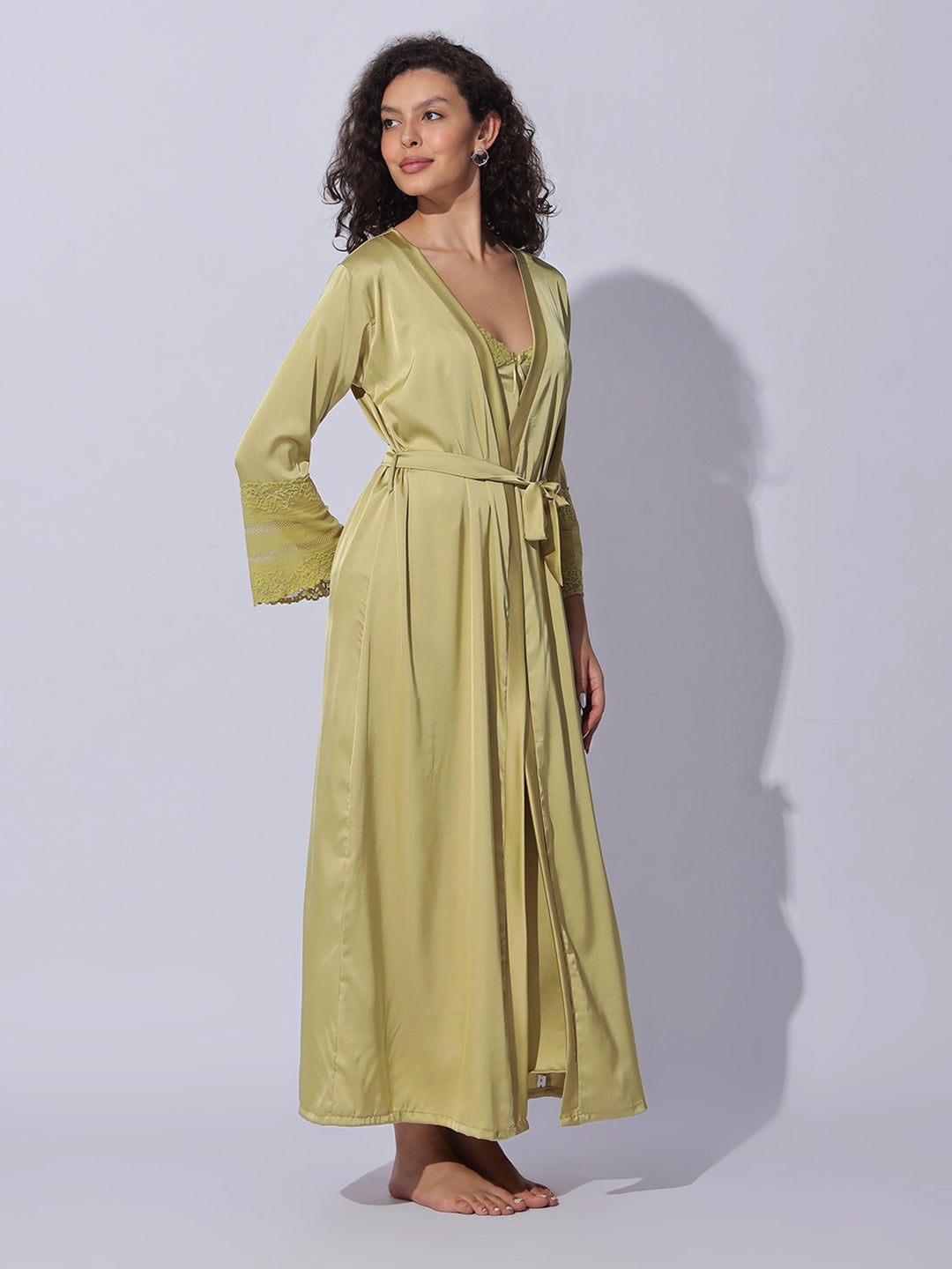 Shimmer Gold Satin Long Robe and Night Gown Set for Women