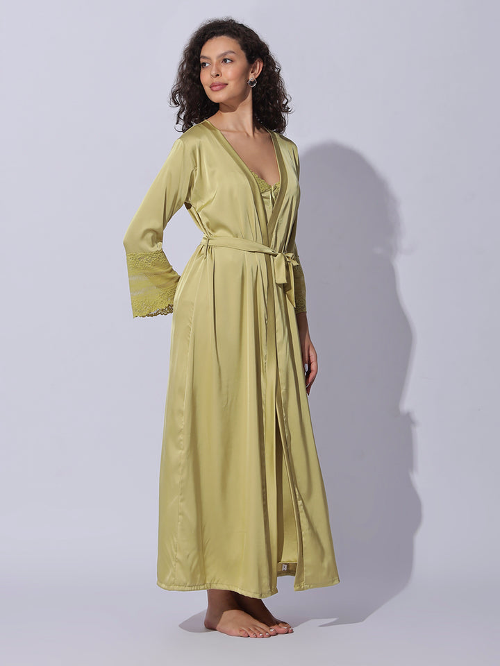 Shimmer Gold Satin Long Robe and Night Gown Set for Women