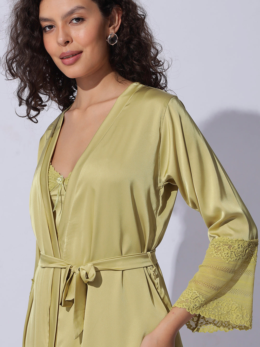 Shimmer Gold Satin Long Robe and Night Gown Set for Women