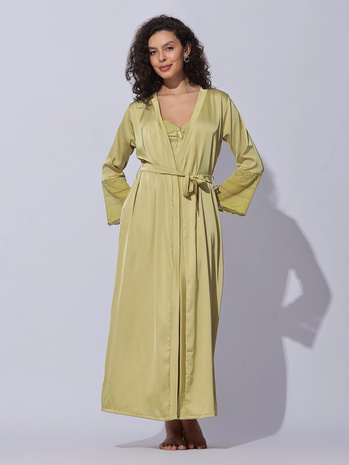 Shimmer Gold Satin Long Robe and Night Gown Set for Women