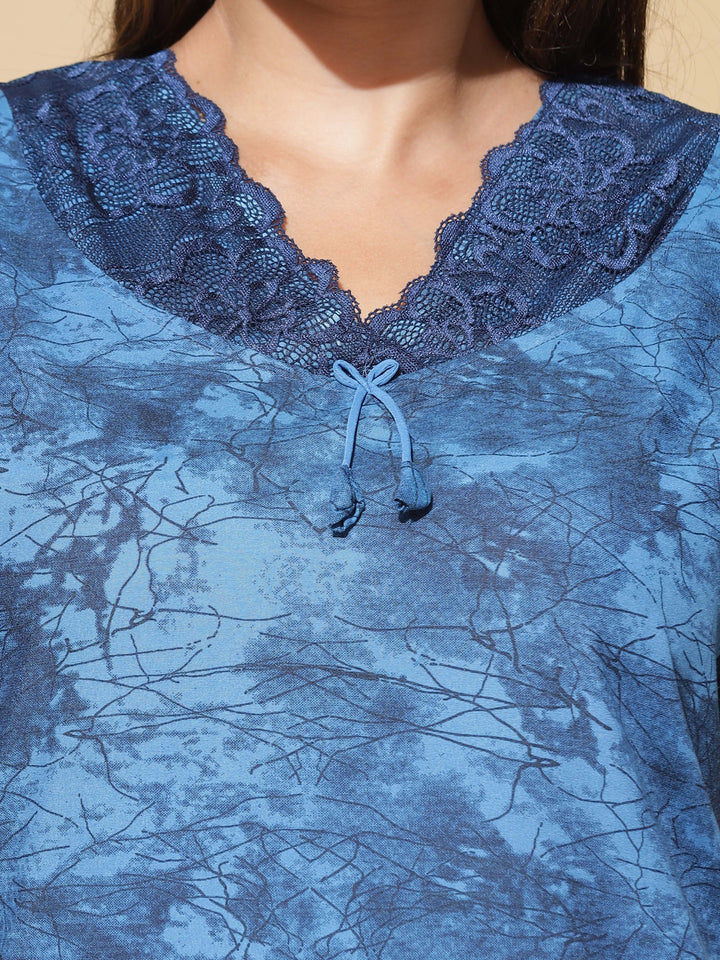 Nightify Geometric Print with Designer Neck Blue Nighty/Night Gown