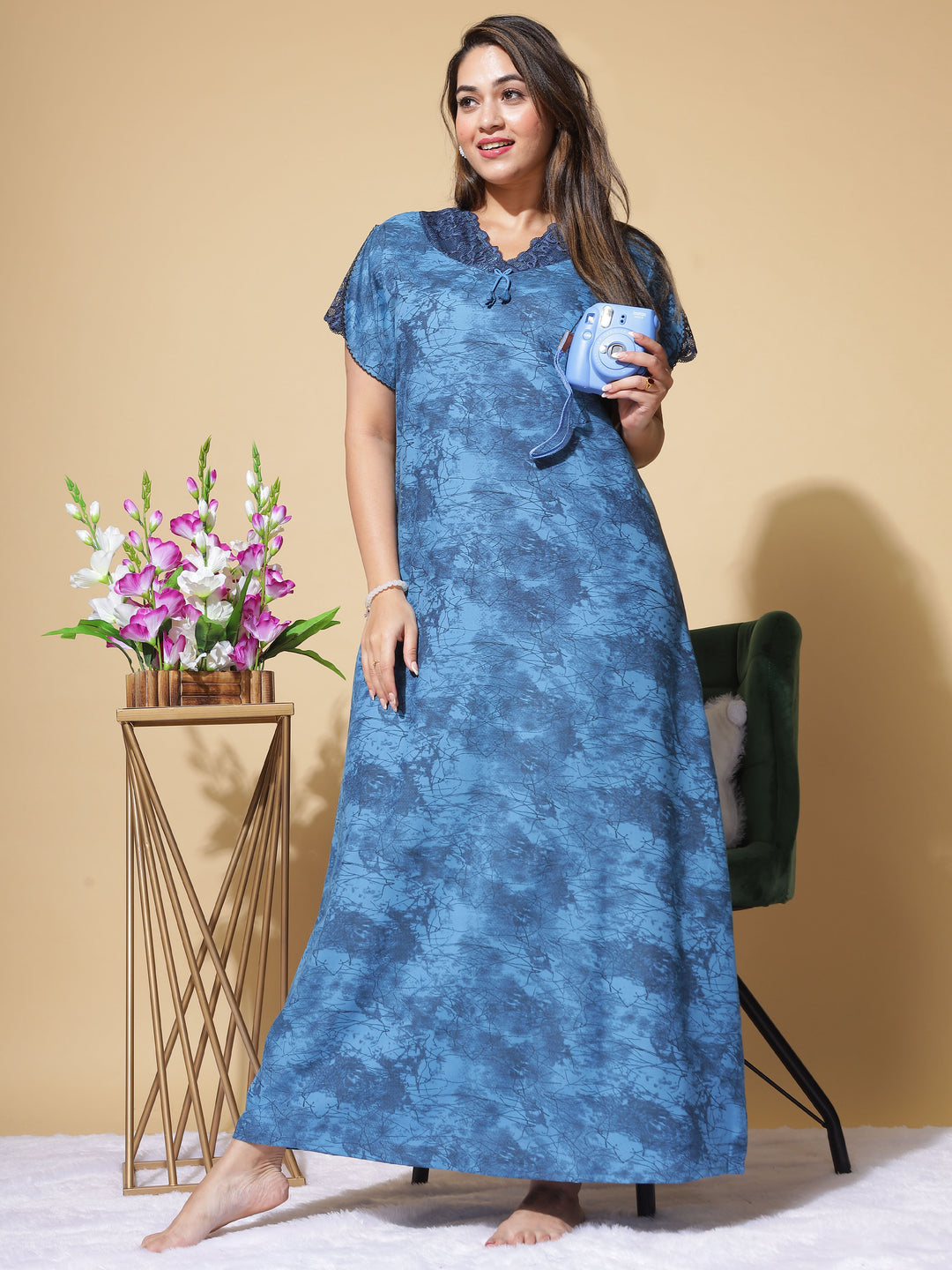 Nightify Geometric Print with Designer Neck Blue Nighty/Night Gown