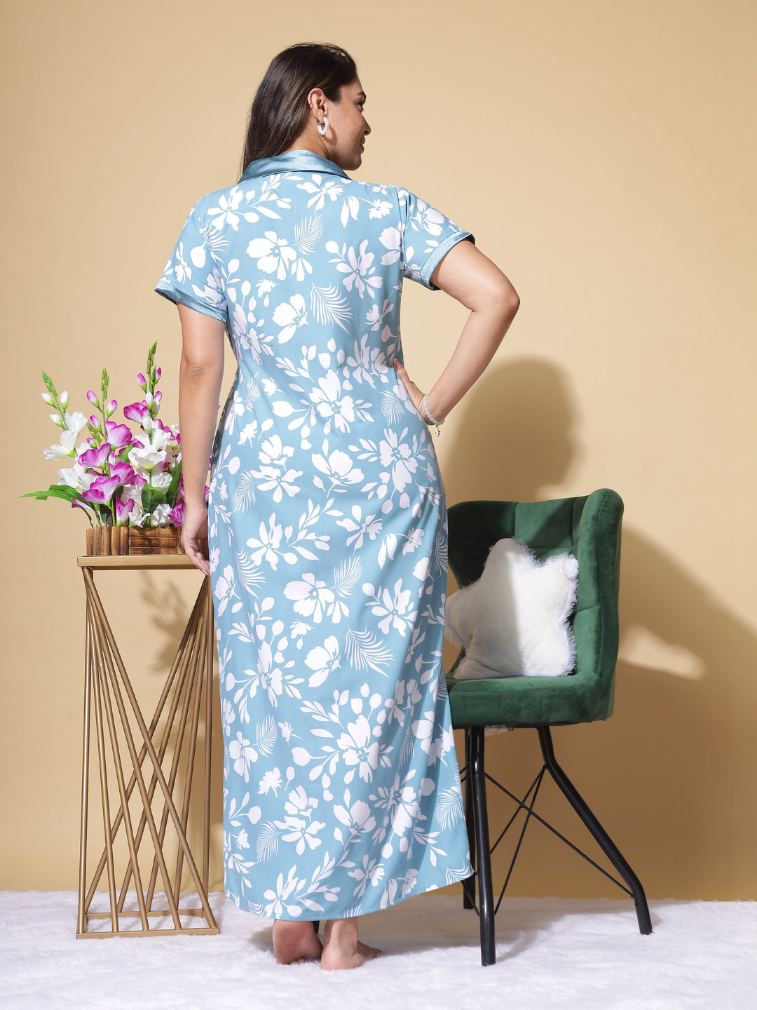  PV Housecoat  Leaf Blue: Tranquil Robe with Botanical Beauty- 9shines label 