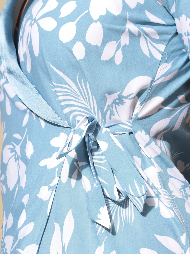  PV Housecoat  Leaf Blue: Tranquil Robe with Botanical Beauty- 9shines label 