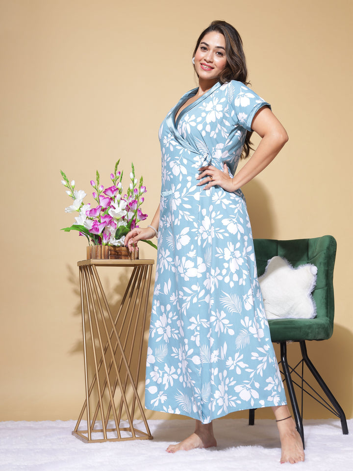  PV Housecoat  Leaf Blue: Tranquil Robe with Botanical Beauty- 9shines label 
