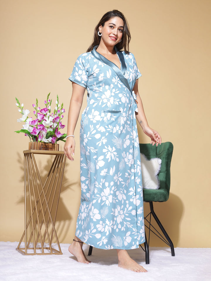  PV Housecoat  Leaf Blue: Tranquil Robe with Botanical Beauty- 9shines label 