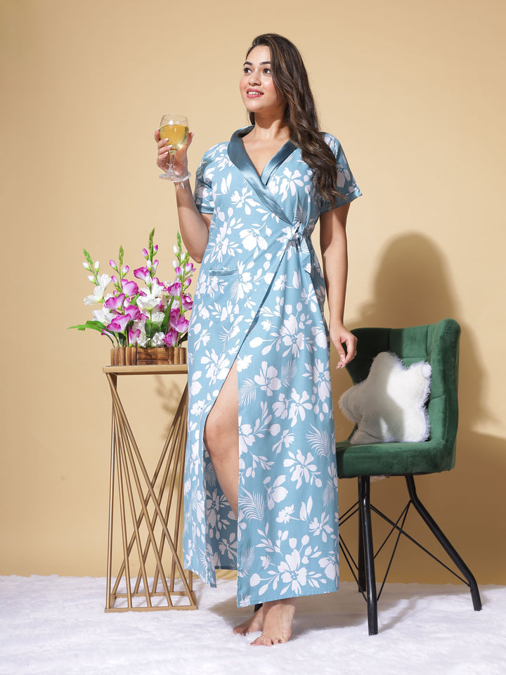 Leaf Blue Poly Viscose House Coat : Tranquil Robe
