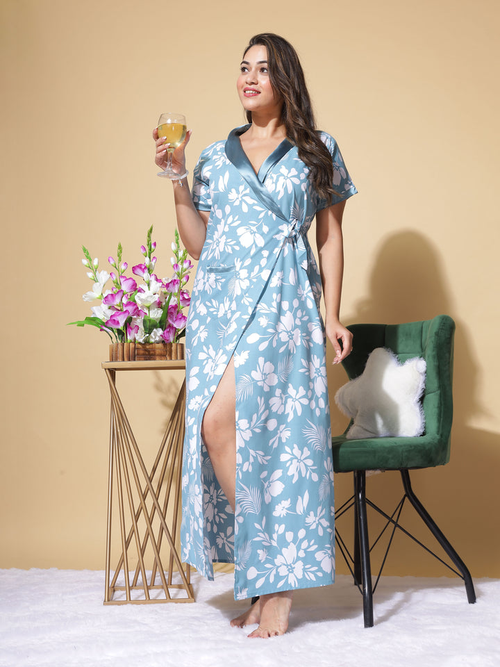  PV Housecoat  Leaf Blue: Tranquil Robe with Botanical Beauty- 9shines label 