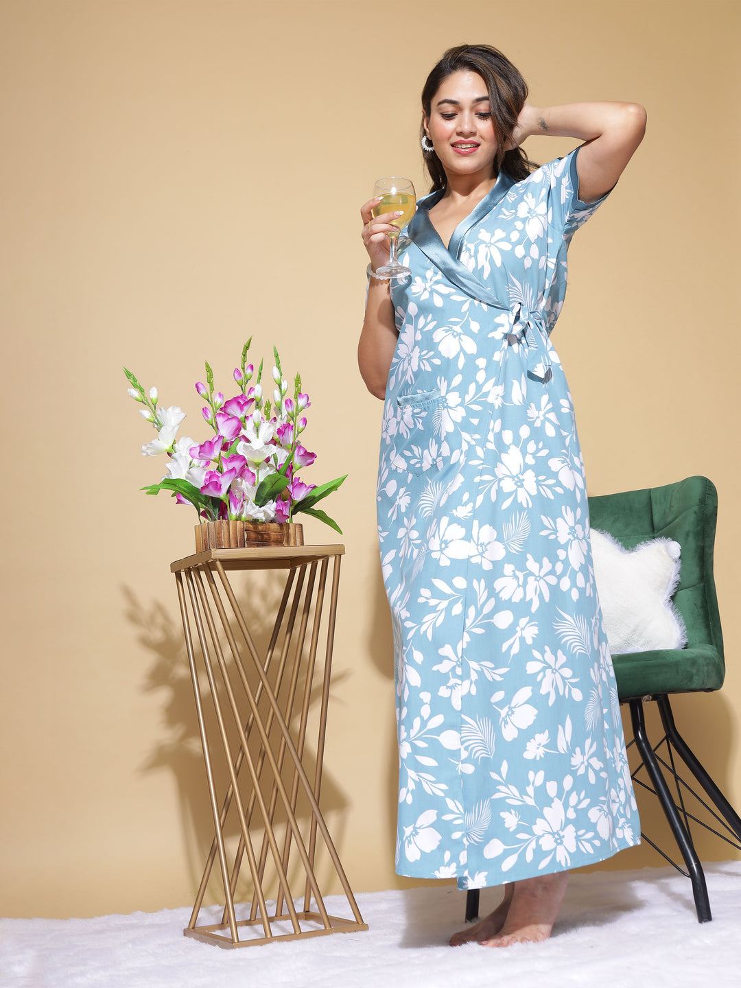  PV Housecoat  Leaf Blue: Tranquil Robe with Botanical Beauty- 9shines label 