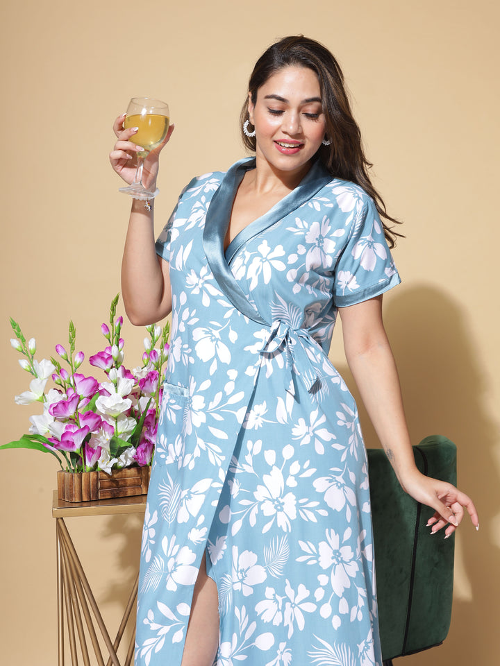 PV Housecoat  Leaf Blue: Tranquil Robe with Botanical Beauty- 9shines label 