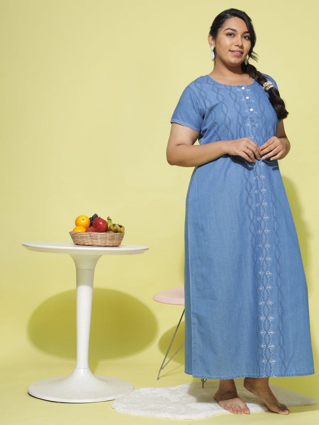 Spiral Puff Sky Blue Denim Designer Nighty For Women
