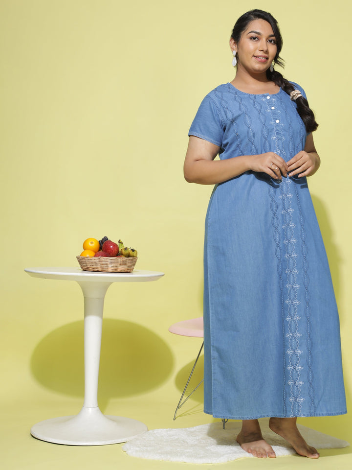 Spiral Puff Sky Blue Denim Designer Nighty For Women