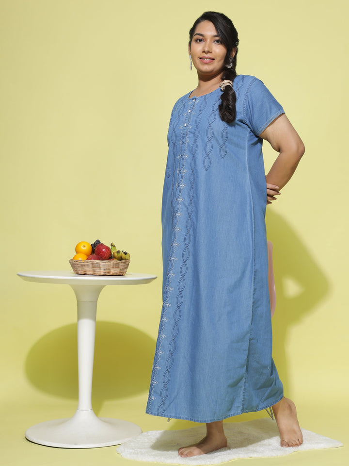 Spiral Puff Sky Blue Denim Designer Nighty For Women