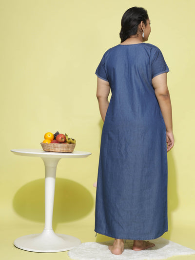 Denim Designer Nighty Flower Embroidery Dark Blue