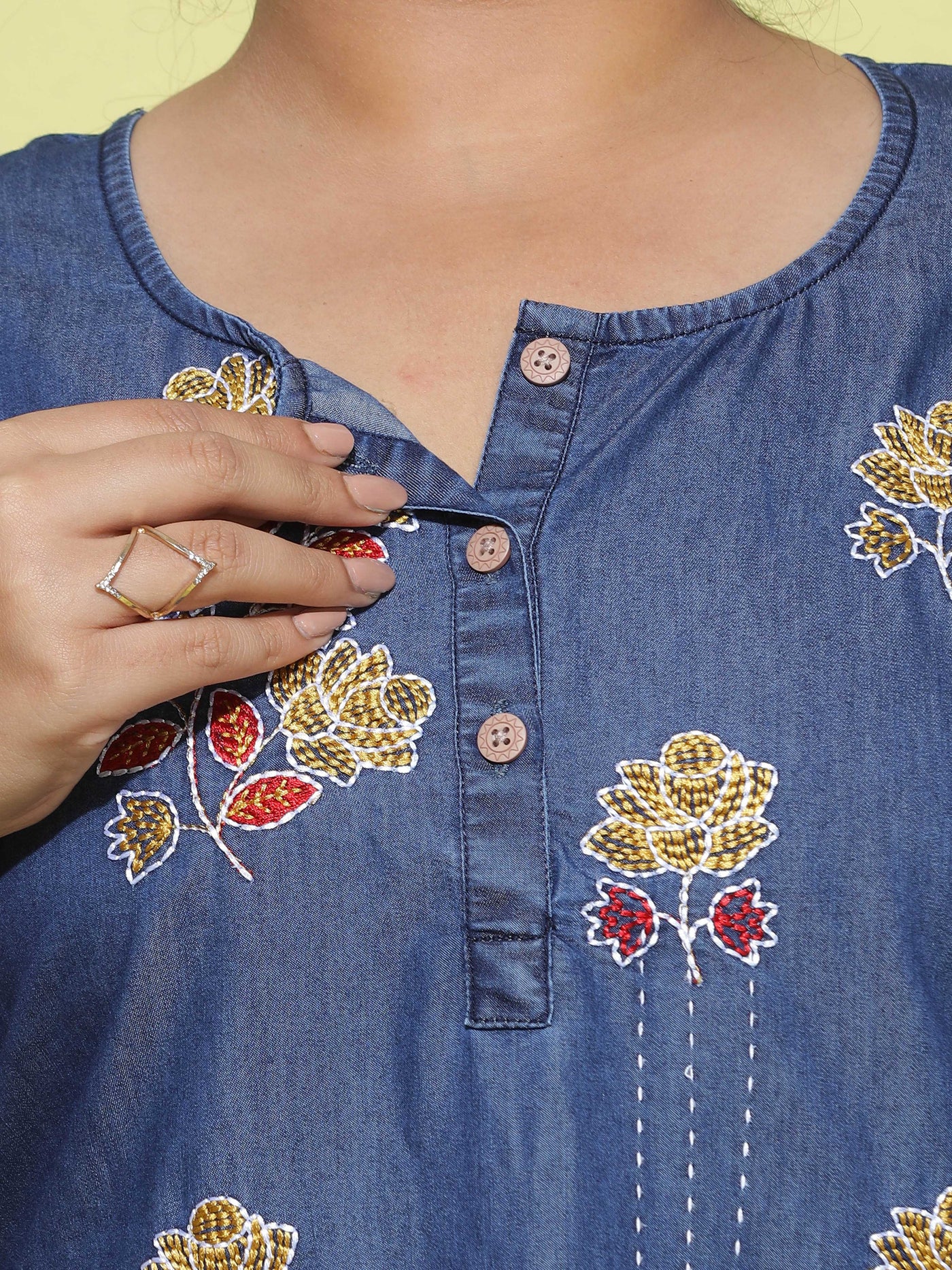 Denim Designer Nighty Flower Embroidery Dark Blue