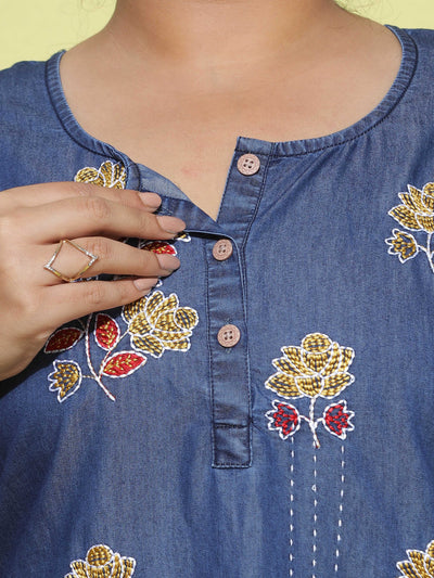 Denim Designer Nighty Flower Embroidery Dark Blue