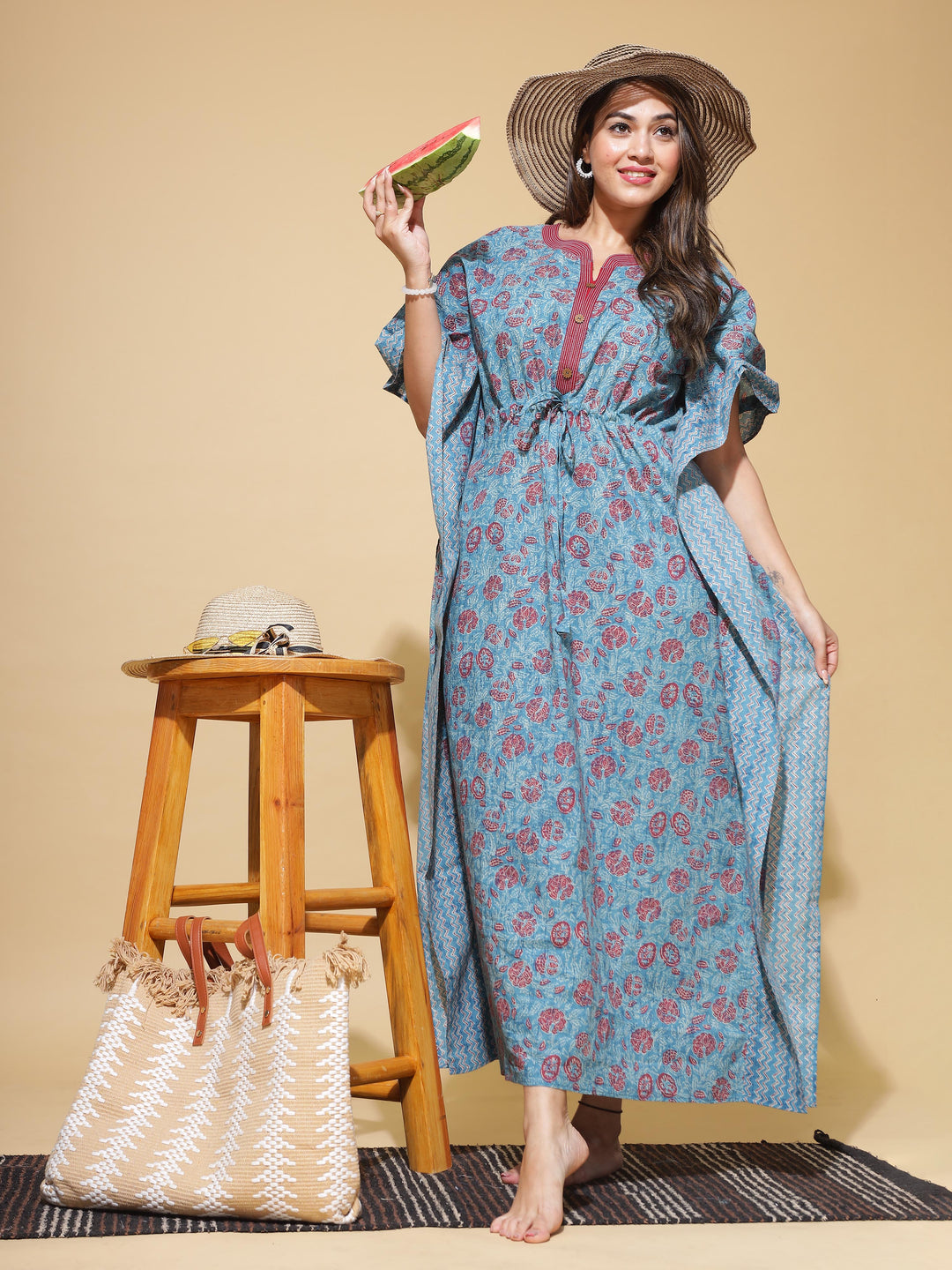 Denim Blue Kaftan Gown Crafted from Premium Pure Cotton