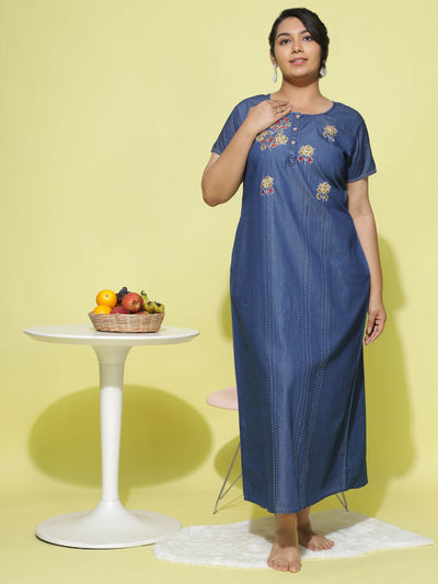 Denim Designer Nighty Flower Embroidery Dark Blue