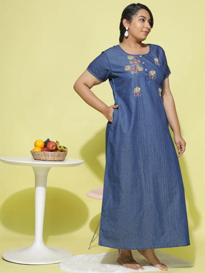 Denim Designer Nighty Flower Embroidery Dark Blue