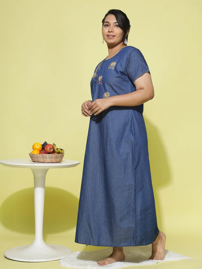 Denim Designer Nighty Flower Embroidery Dark Blue
