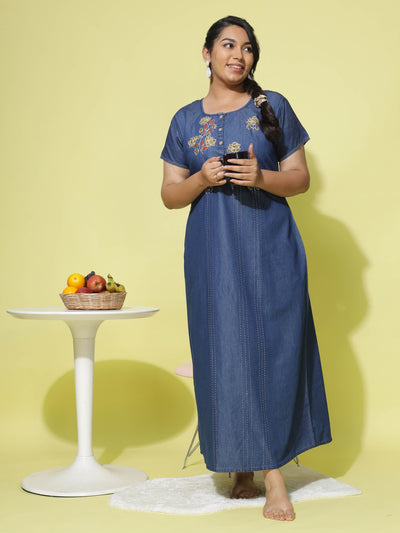 Denim Designer Nighty Flower Embroidery Dark Blue