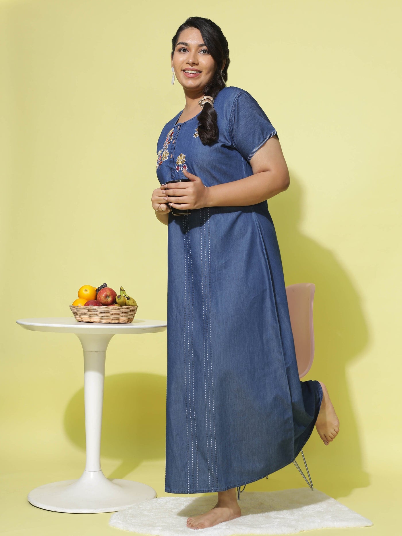 Denim Designer Nighty Flower Embroidery Dark Blue