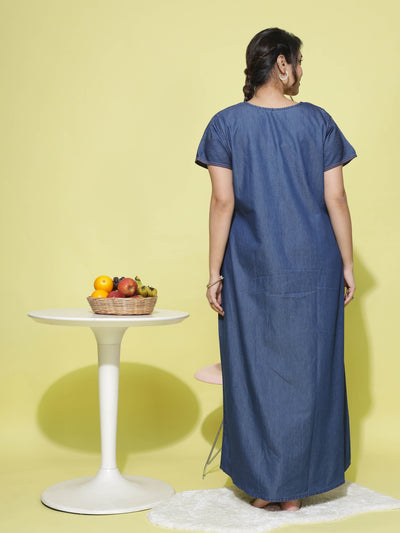 Denim Designer Nighty Embroidery Neck Dark Blue