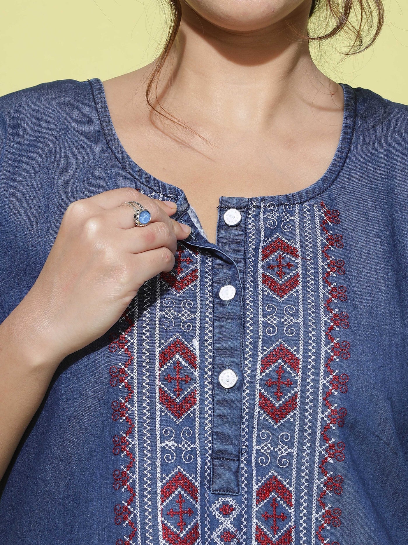Denim Designer Nighty Embroidery Neck Dark Blue