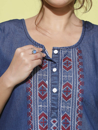 Denim Designer Nighty Embroidery Neck Dark Blue