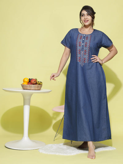 Denim Designer Nighty Embroidery Neck Dark Blue