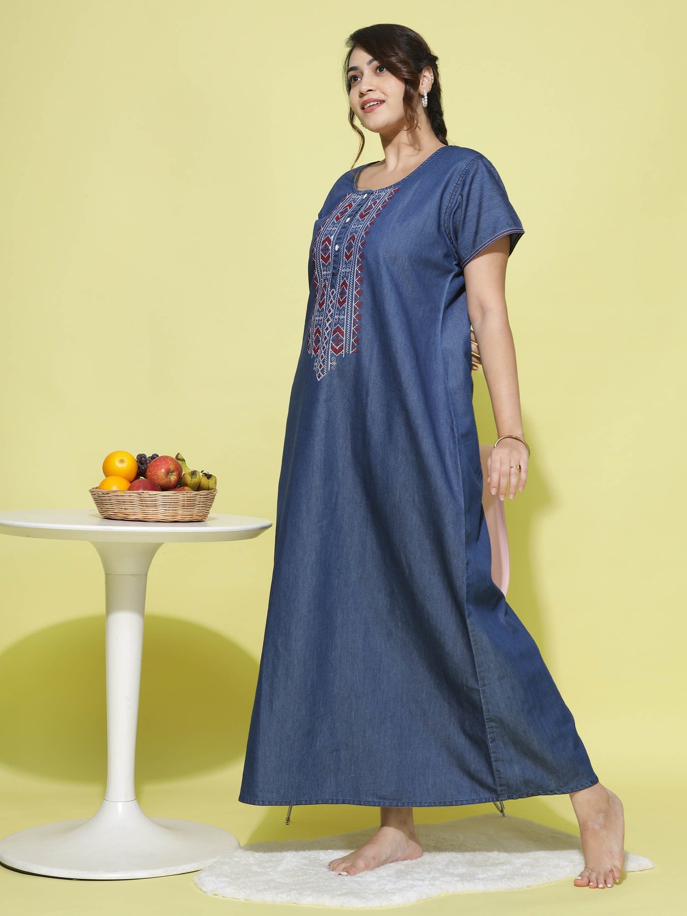 Denim Designer Nighty Embroidery Neck Dark Blue
