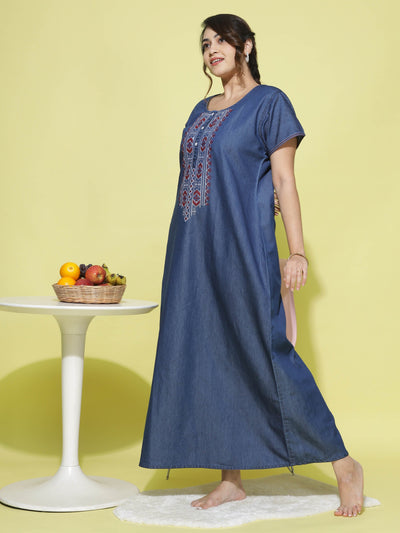 Denim Designer Nighty Embroidery Neck Dark Blue