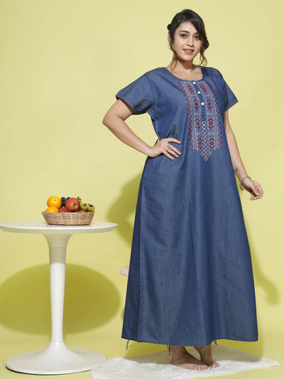 Denim Designer Nighty Embroidery Neck Dark Blue