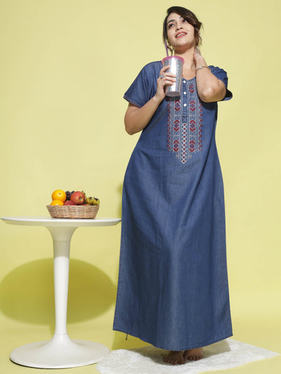 Denim Designer Nighty Embroidery Neck Dark Blue