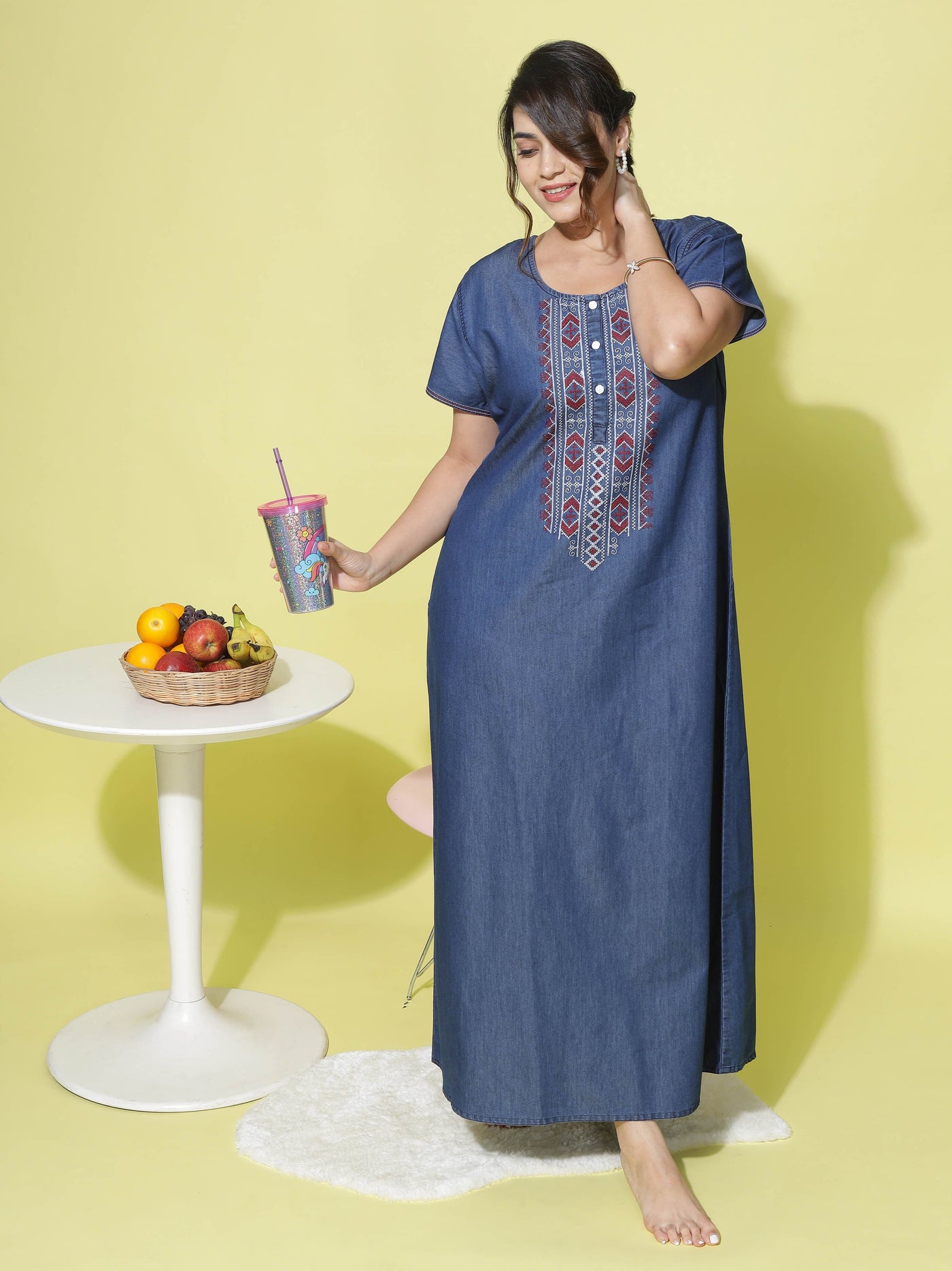 Denim Designer Nighty Embroidery Neck Dark Blue