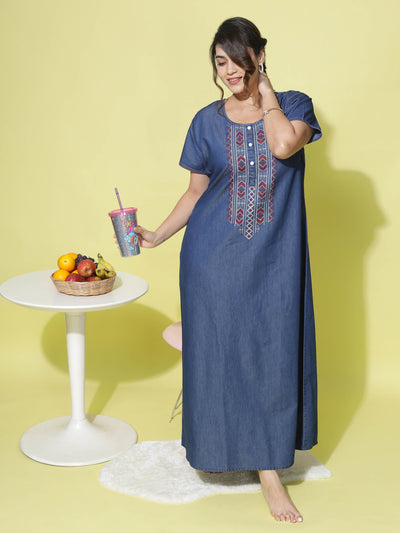 Denim Designer Nighty Embroidery Neck Dark Blue