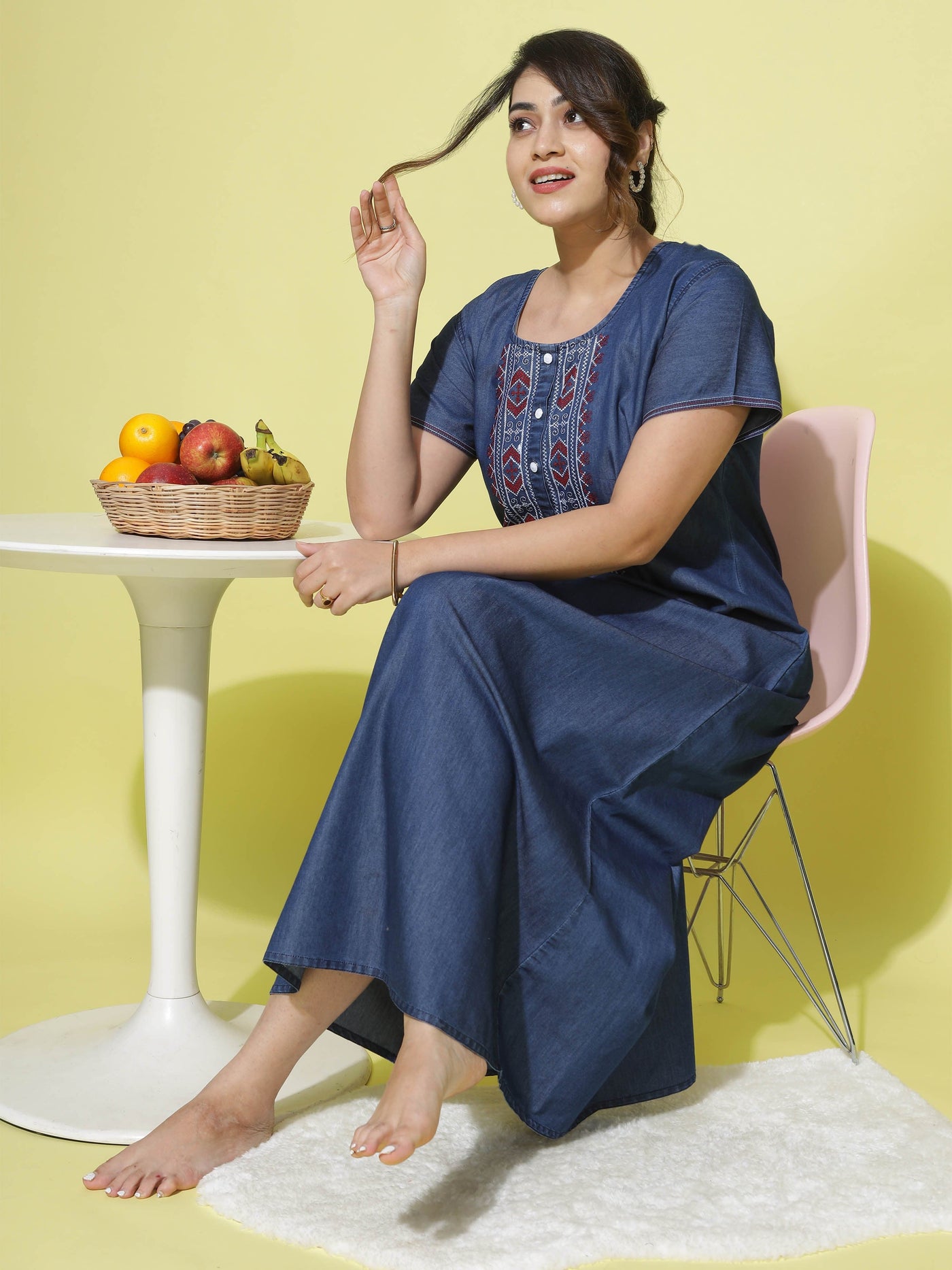 Denim Designer Nighty Embroidery Neck Dark Blue