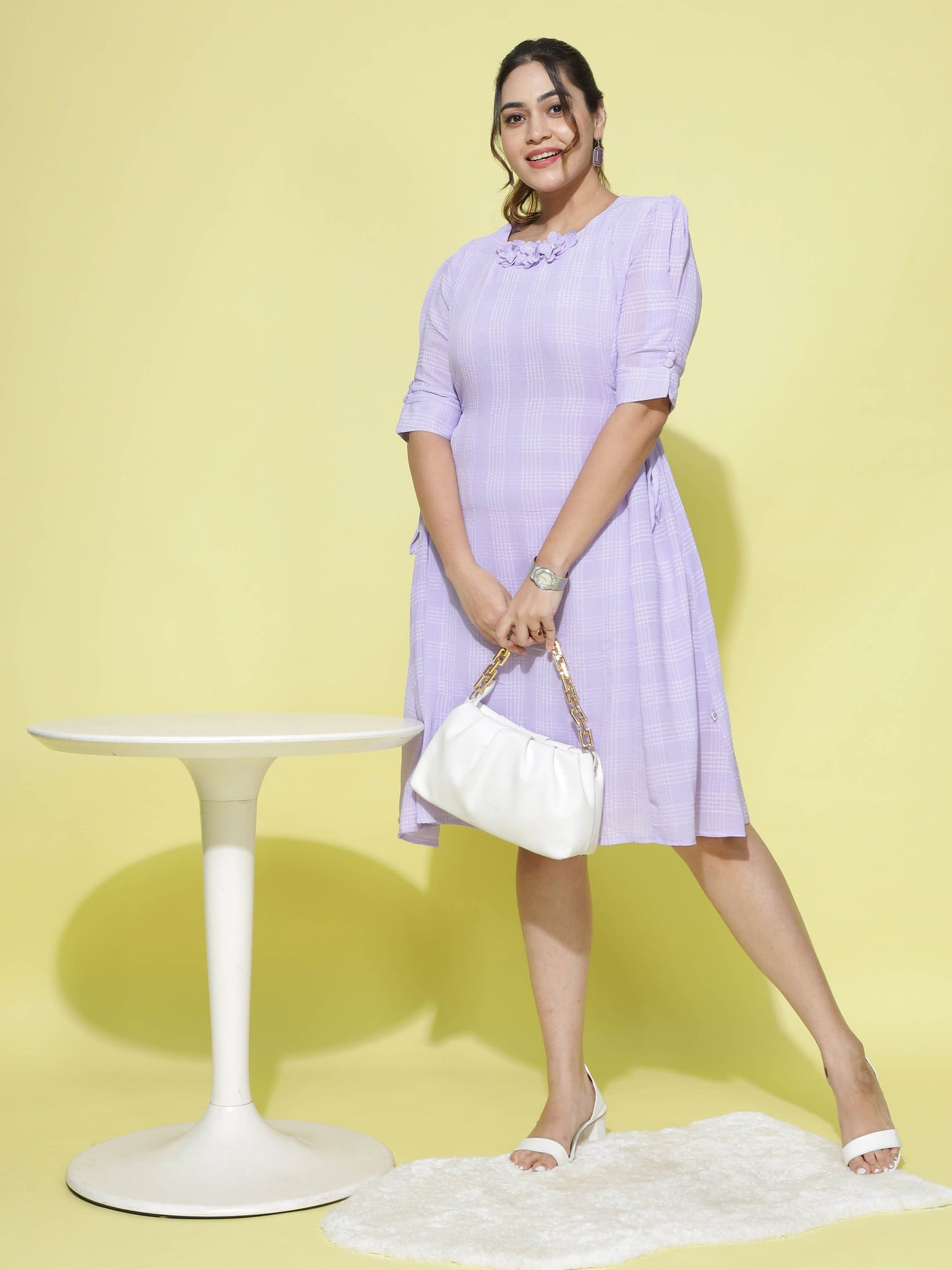 Polyester Floral Round neck Dress Lilac