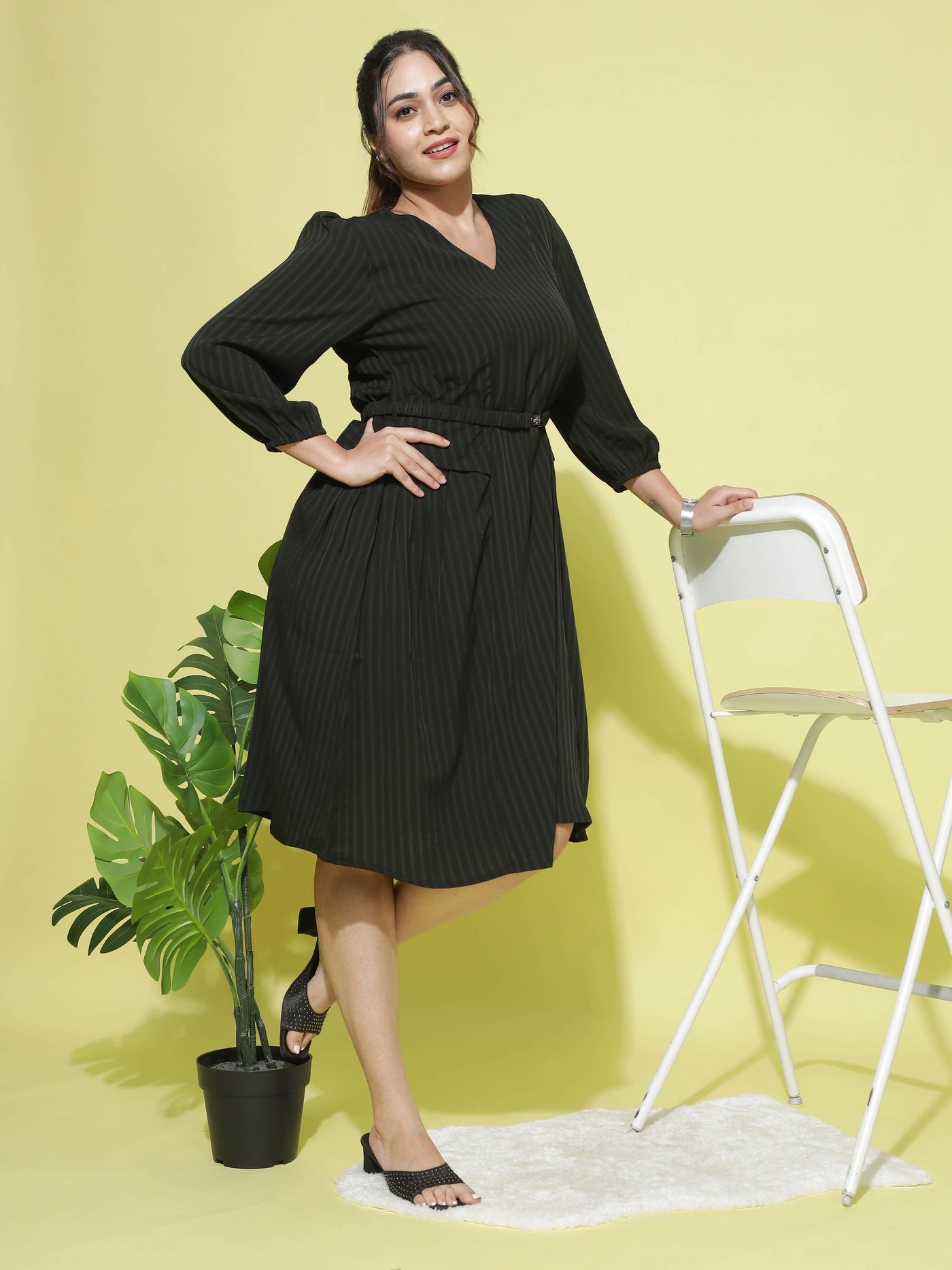 Polyester V-Neck Dress Bottle Green
