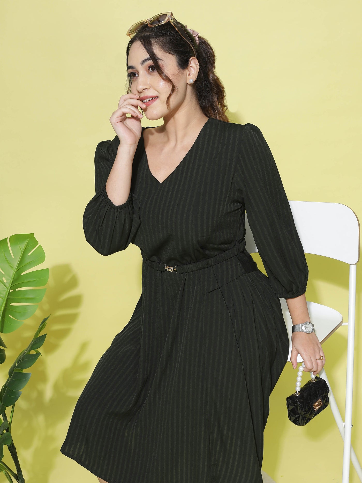 Polyester V-Neck Dress Bottle Green