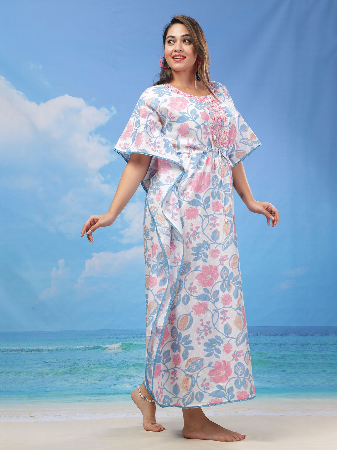 Luxurious Floral Baby Pink Pure Cotton Kaftan Nighty