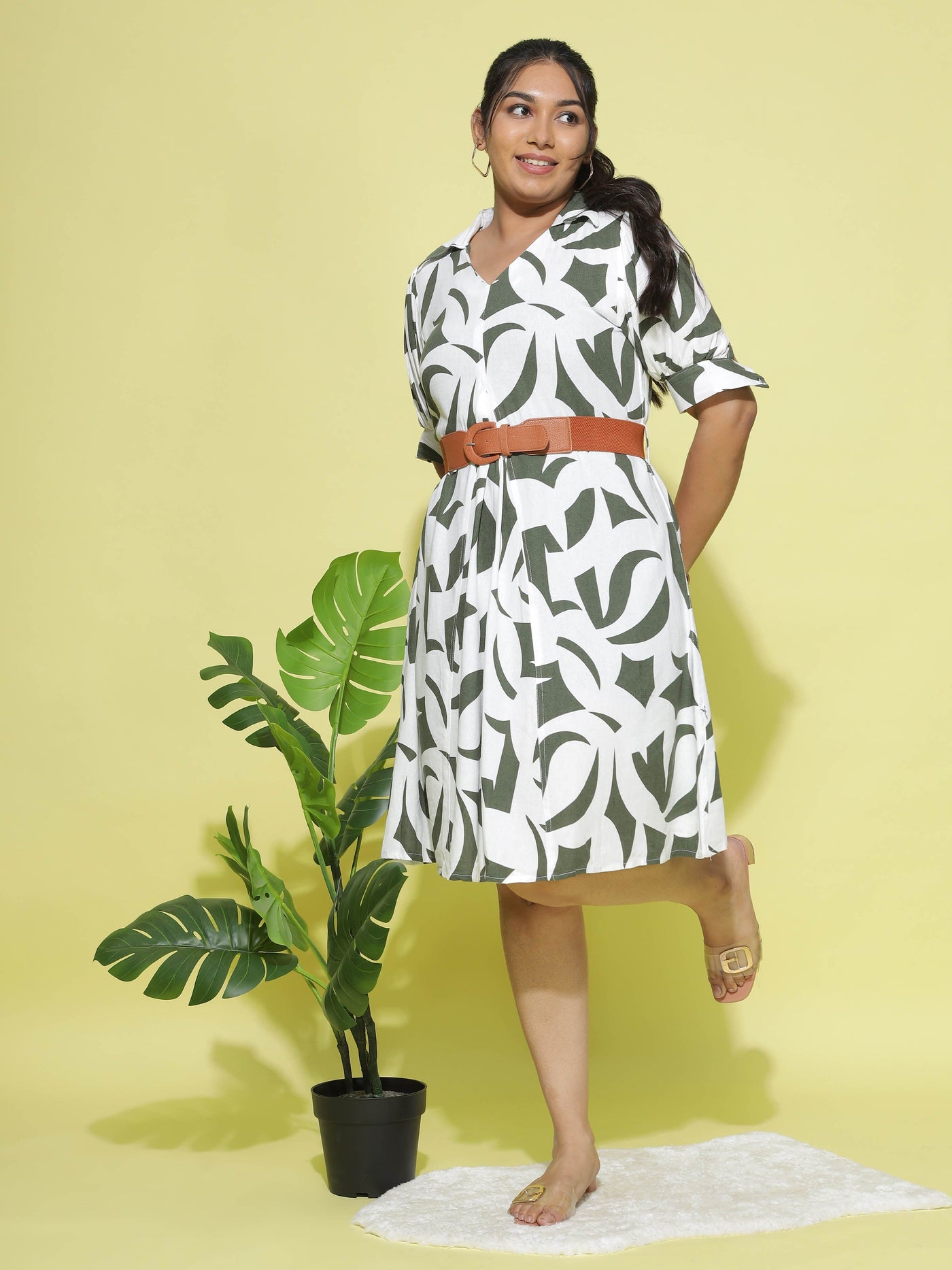 Cotton Linen Collared Neck Dress Bottle Green