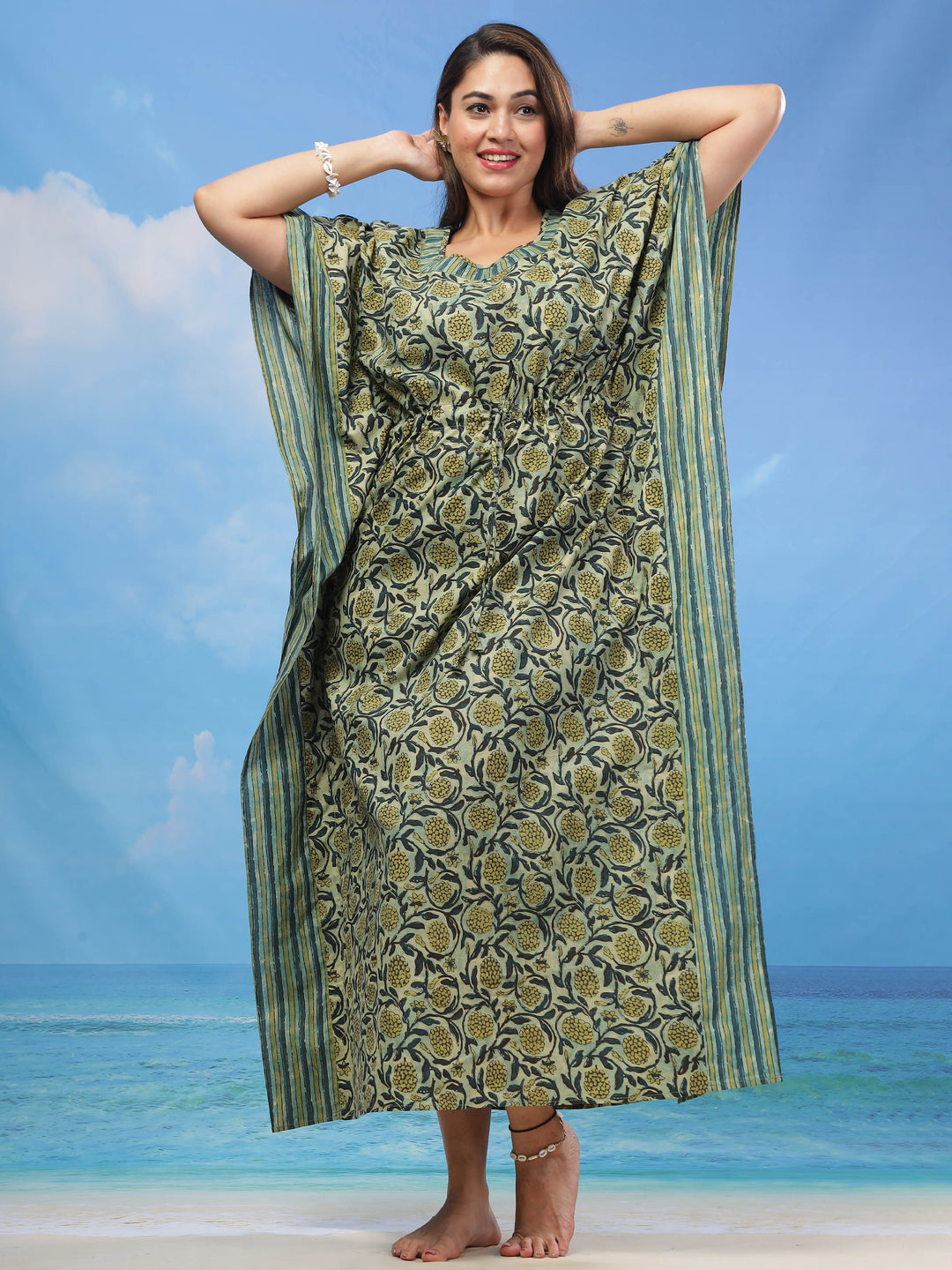 Green Kaftan Gown in Exquisite Cotton Fabric